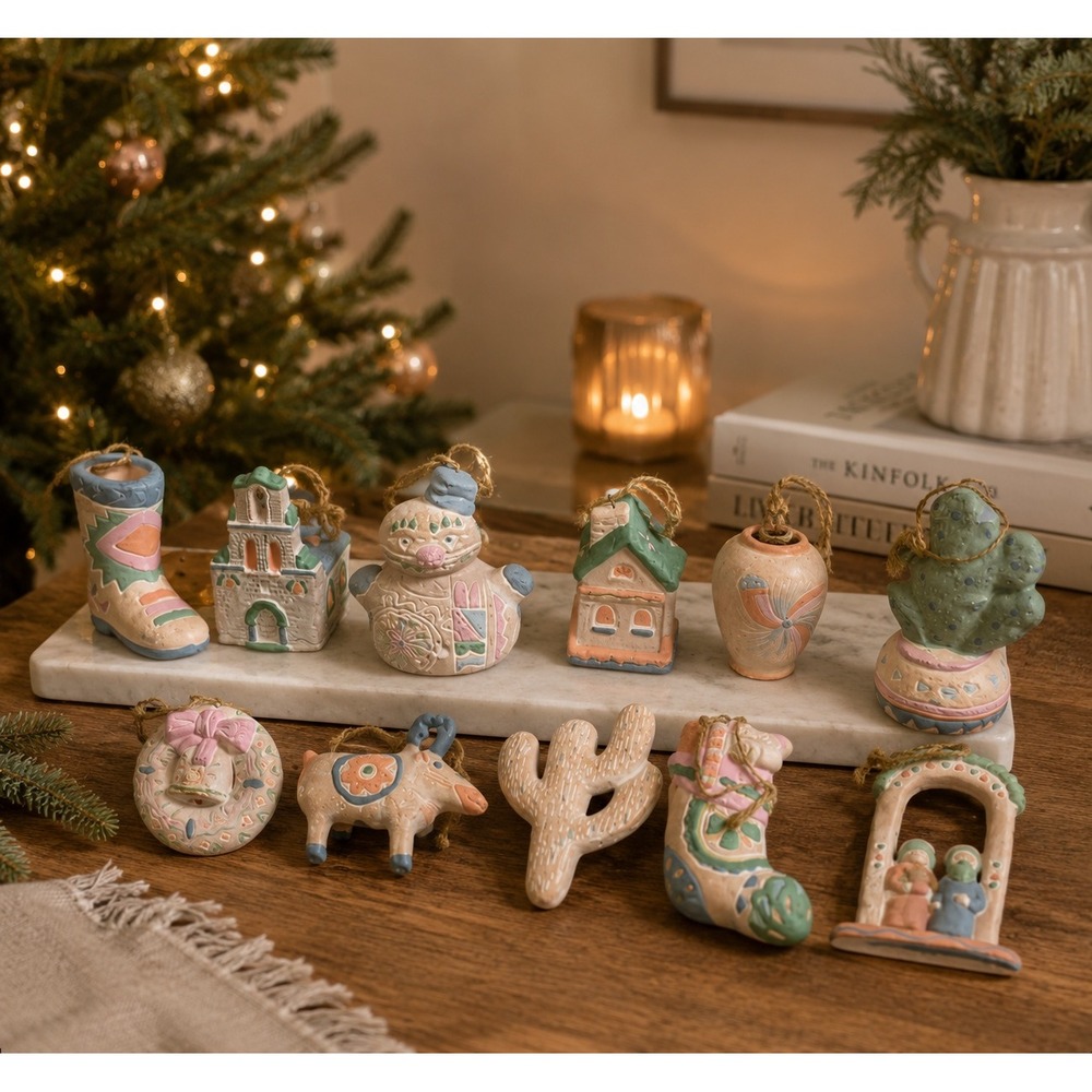 Vintage Southwestern Ceramic Ornaments Set 11 Pastel Terra Cotta Cactus Boot Art